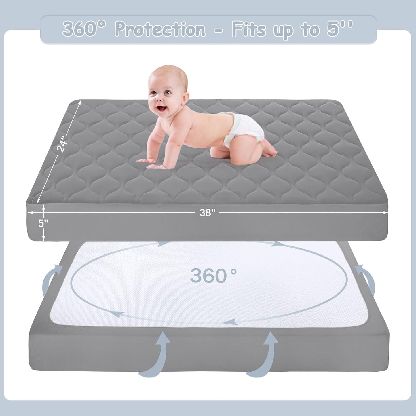 Yoofoss Waterproof Mini Crib Mattress Protector, Quilted Baby Mattress Pad Cover Soft and Breathable, Machine Washable Portable Mattress Protector for Standard Mini Crib Size 38"X24" - Dark Grey