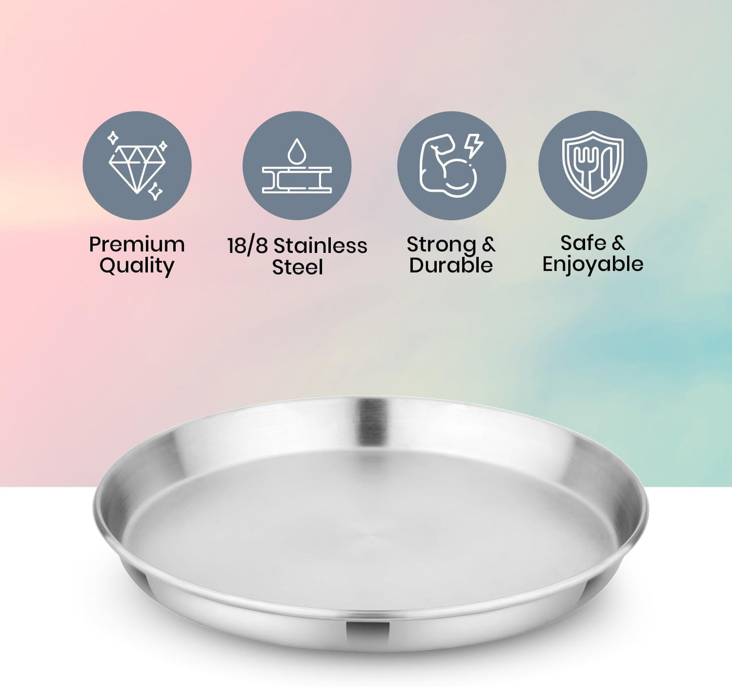 Children's 304 Stainless Steel Four (4) Piece Plate Set, 21 cm, Matte Finish, Plates for Kids, Toxin Free Stainless Steel Dinnerware Set, Non-Divided Plates, 100% BPA Free