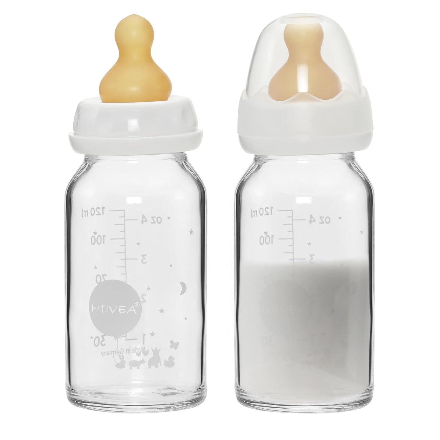 HEVEA Standard Neck Glass Baby Bottles - Natural Rubber Slow Flow Nipples - Anti Colic Baby Bottles for Breastfeeding Babies - Newborn 0+ Months - BPA-Free, Two-Pack (4 Oz)
