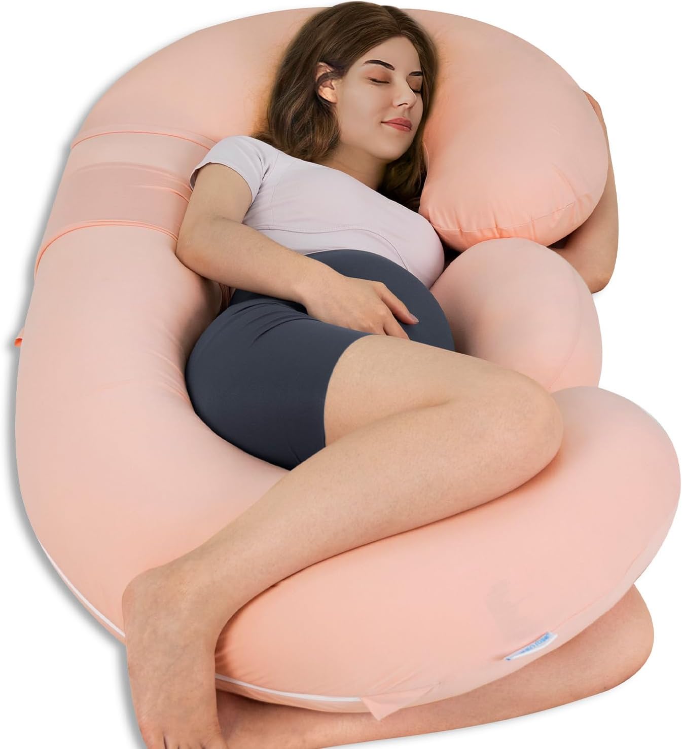 QUEEN ROSE Cooling E Shaped Pregnancy Pillows, Detachable Body Pillow for Sleeping, with Pregnancy Wedge Pillow for Belly Support, Cooling Rayon Cover,Pink