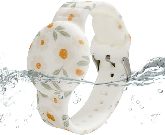 Waterproof Bracelet for airtag Kids, Soft Silicone Hidden Holder Case Compatible with Apple Airtag, Adjustable Anti-Lost Printed Strap GPS Traker for Toddler Child(White Flower)