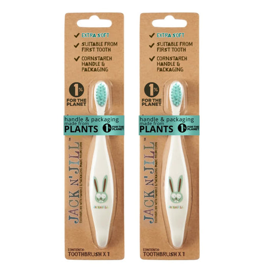 Jack N' Jill Kids Toothbrush - Extra Soft Bristle Toothbrush for Kids, Handle & Packaging Made from Plants (Corn), Ergonomic Handle for Little Hands - Bunny Baby (2 Pack)