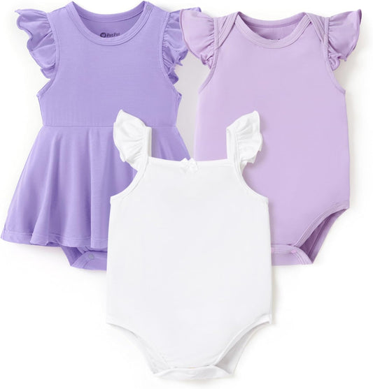 PATPAT Baby Girl Bodysuits - Soft Bamboo Viscose - Flutter Sleeves Cute Dress - Newborn Infant Summer Clothes - 3 Pack