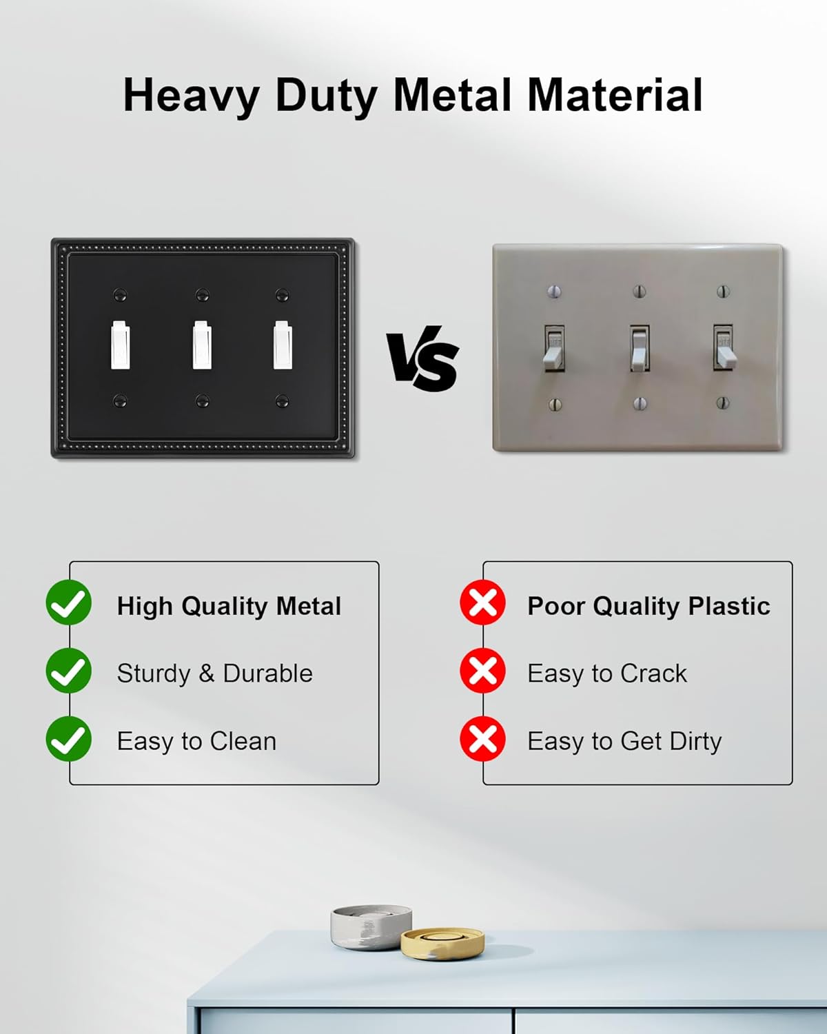 2-Pack Triple Toggle Light Switch Cover Plate, Pearls Decorative Switch Plate Covers, Black 3 Gang Metal Wall Plate, Corrosion Resistant