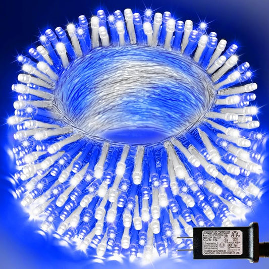 66ft Christmas Decorative Mini Lights, 200 LED Transparent Wire Fairy Starry String Lights Plug in, 16 Lighting Modes for Indoor Outdoor Xmas Tree Wedding Party Decoration (White +Blue)