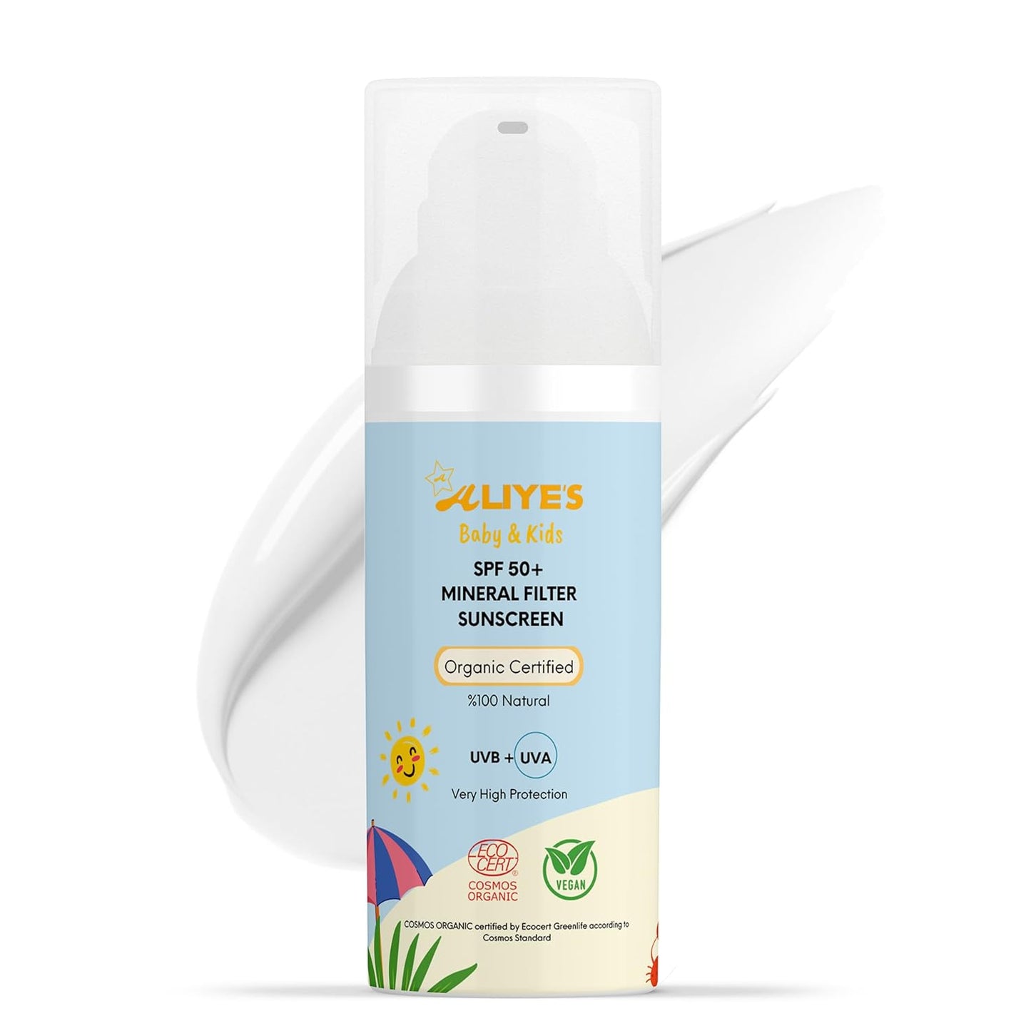 ALIYES SPF 50+ Organic Baby&Kids Mineral Sunscreen – Safe for Babies - Water Resistant Sun Cream – Broad Spectrum UVA/UVB Sun Protection – Vegan Baby Sunscreen Lotion, 1.69 FL