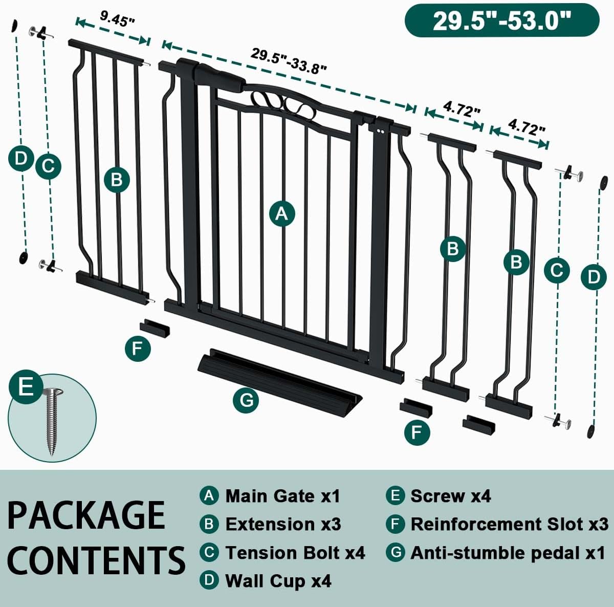 Fairy Baby 29.5"-53.1" Extra Wide Baby Gate for Doorways, Stairs Gate for Kids Toddler, Pressure Mounted Safety Child Gate Pet Barrier Fence Indoor, Walk Thru Auto Close Metal Dog Garden Gate, Black