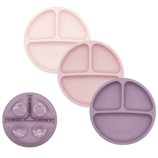 WeeSprout Suction Plates for Babies & Toddlers - 100% Silicone, Dinnerware Stays Put, Divided Design for Picky Eaters, Microwave & Dishwasher Friendly, 3 Pack (Matte Pink, Purple & Blush Pink)