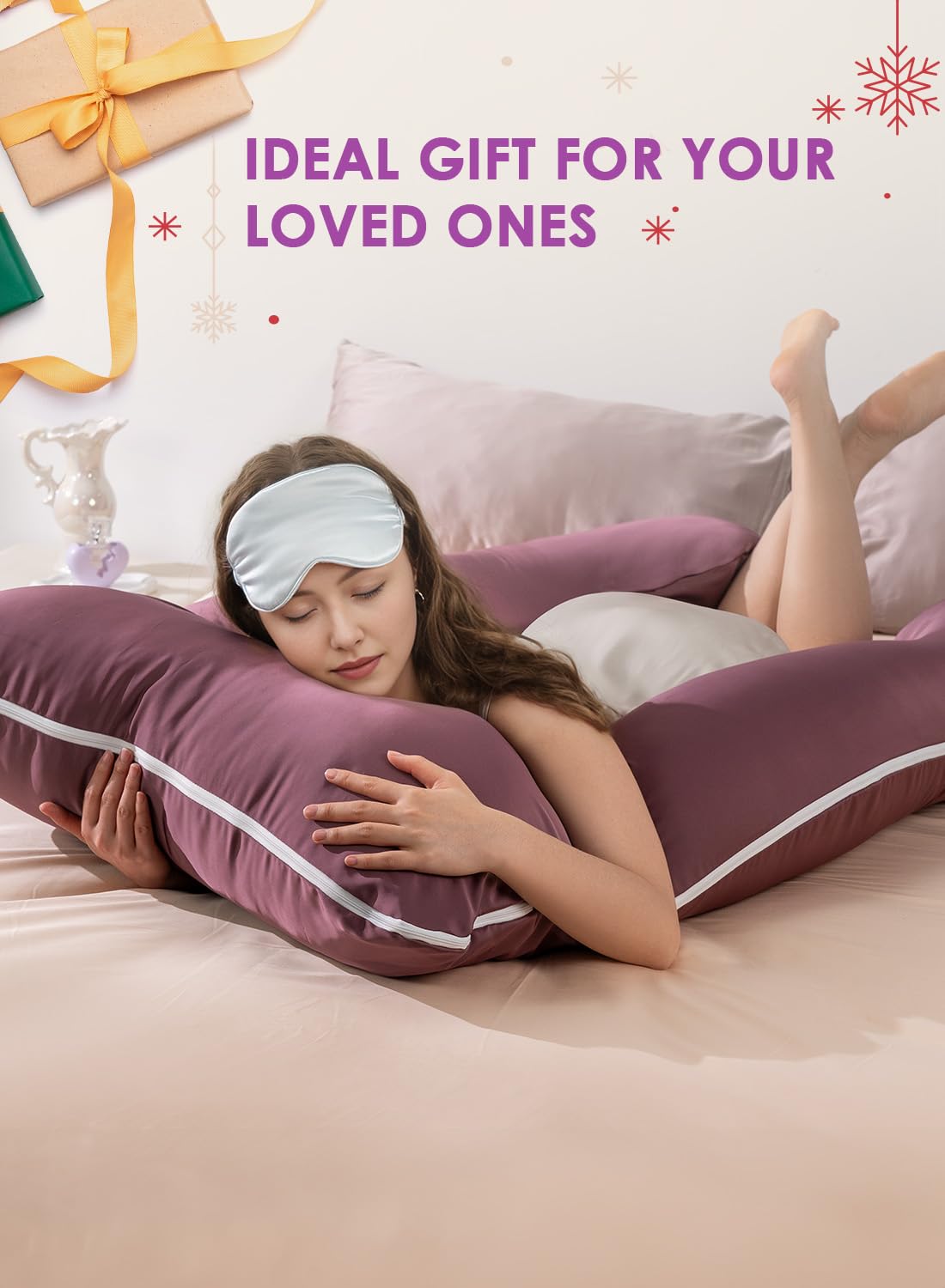 QUEEN ROSE Pregnancy Pillow, Maternity Body Pillow for Sleeping, U Shaped Pillow for Body Support Sleeping, Silky Satin Cover, Purple