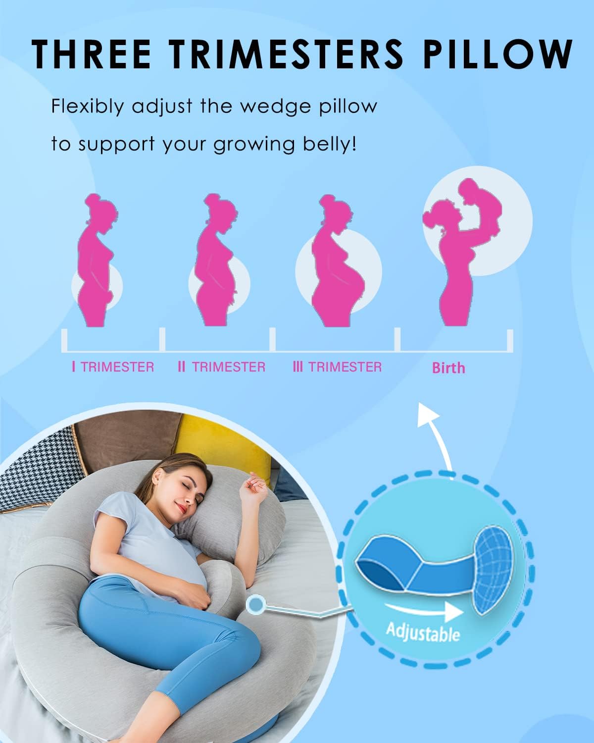 QUEEN ROSE Pregnancy Pillows - E Shaped Pregnancy Pillows for Sleeping, with Pregnancy Wedge Pillows for Belly Support, 60 inch Maternity Body Pillow, Breathable Jersey Cover,Grey