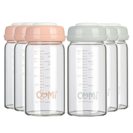COMI Wide Neck Glass Breastmilk Collection n Storage Bottle, 6 Packs, 8oz with Screw Ring Sealing Disk; Re-markable Sealing Disc. BPA Free, Fits Breast Pumps & Nipples (3 Gray Lids + 3 Pink Lids)