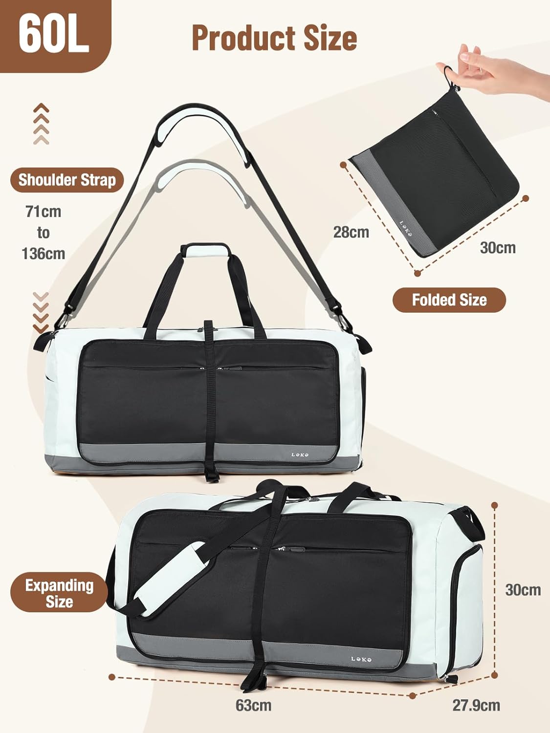 Lekesky Foldable Travel Duffle Bag for Women, Large Duffel Bag with Separate Shoes Compartments & Straps, Carry On Weekend Bag for Women, Hospital, Overnight (Grey & Brown, 60L)