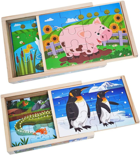 OLYDAUS Wooden Jigsaw Puzzles - Farm and Wild Animals - Set of 8 Puzzles - Preschool Kids and Toddlers Age 3 4 5
