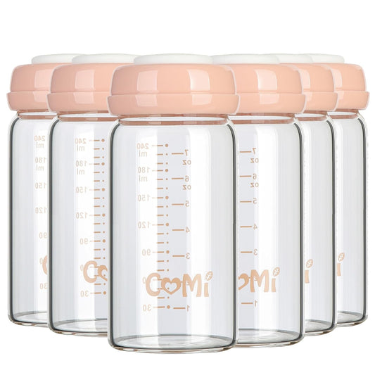 COMI Wide Neck Glass Breastmilk Collection n Storage Bottle, 8oz with Screw Ring Sealing Disk; Re-markable Sealing Disc. BPA Free, Fits Breast Pumps & Nipples (6 Pink Lids)
