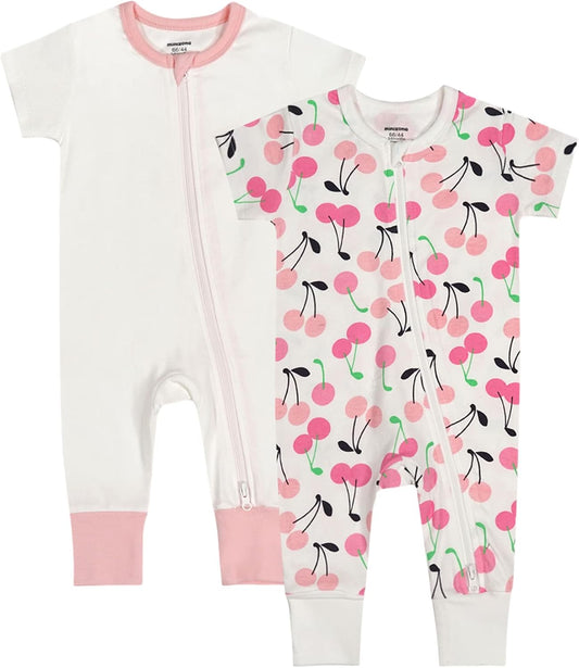 Teach Leanbh Baby Boys Girls 2 Pack 2 Way Zipper Footless Pajamas Cotton Short Sleeve Printing Romper Sleep and Play