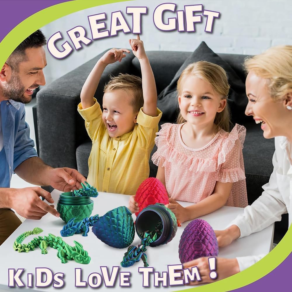 STONESTAR 3D Printed Dragon Fidget Toys, 12" Full Articulated Dragon in Mystery Egg, Home Office Decor Executive Desk Toys Xmas/Easter Gift for Dragon Lovers (Laser Purple/Green)
