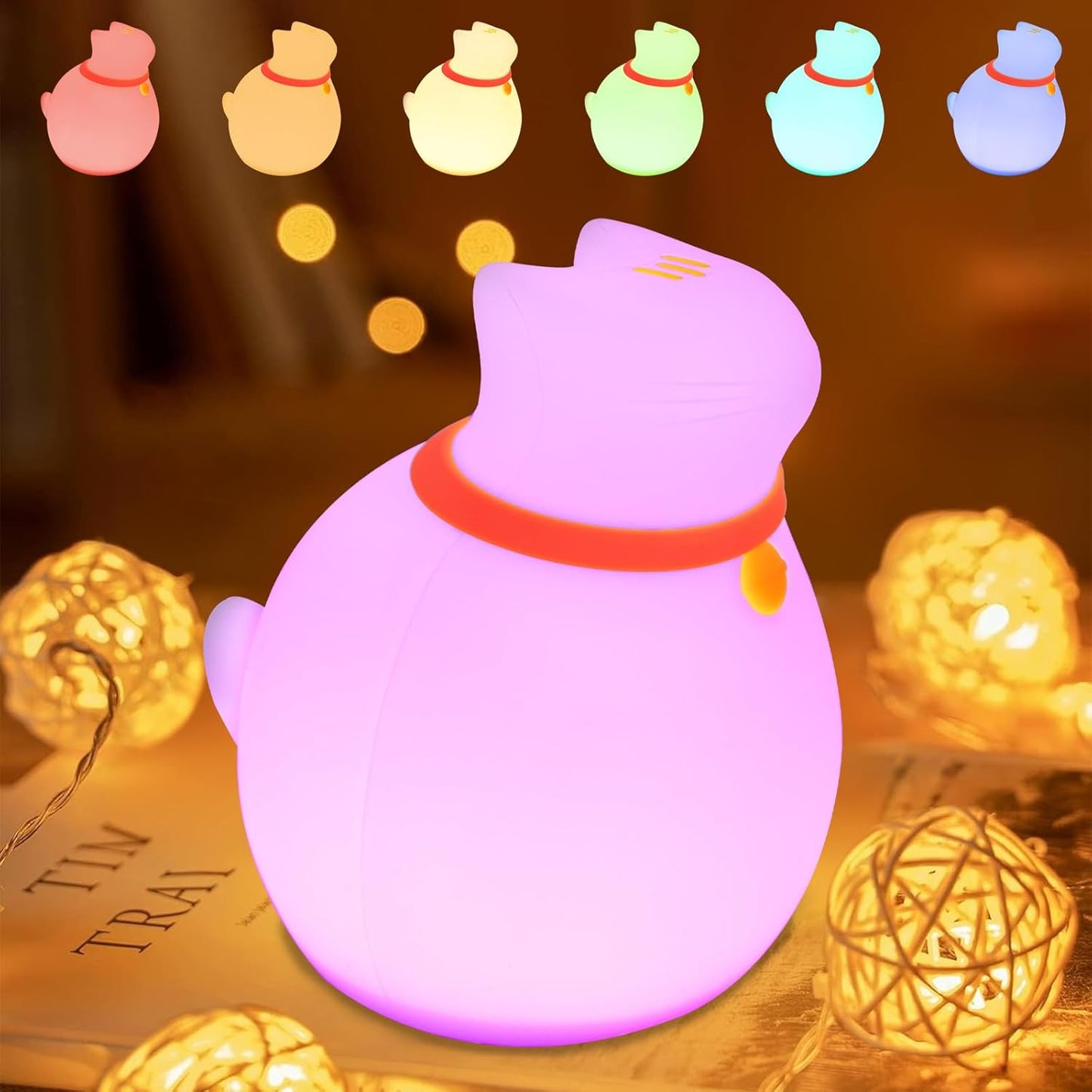 7-Color Changing Cat Night Light, Silicone Rechargeable Nursery Light with Timer & 3 Modes, Kids Bedroom Lamp Touch Sensor (Cute Animal Design)