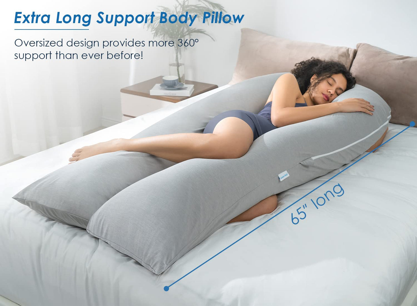 QUEEN ROSE Extra Long U Shaped Body Pillow, Cooling Pregnancy Pillows for Sleeping, 65 Inch Full Body Support Maternity Pillow for Adults, Support for Back, Hip, Legs for Pregnant Women, Grey