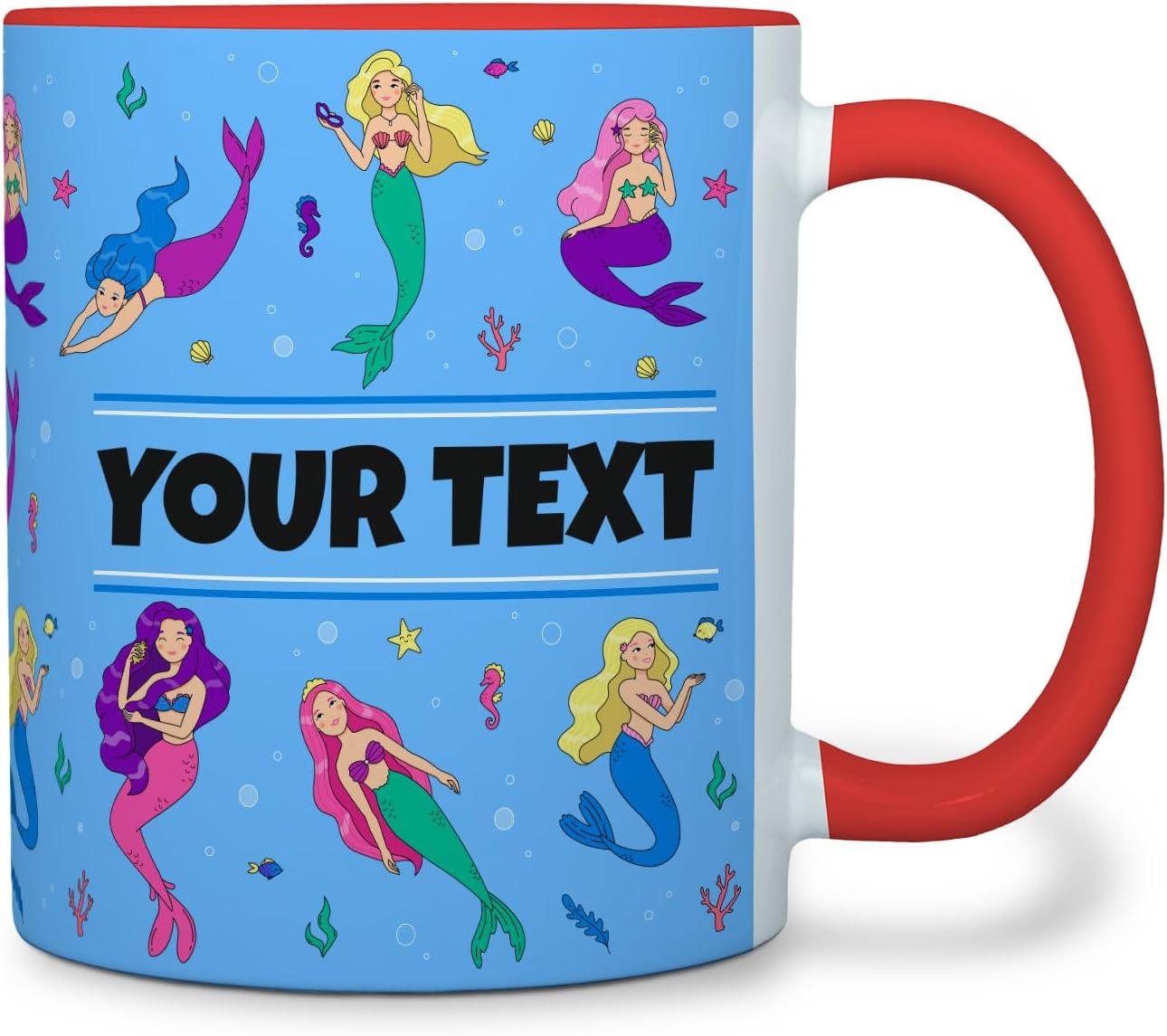 Personalized Mug for Kids - Mermaids - Custom Name/Text, Ceramic Hot Chocolate/Cocoa/Coffee Cup for Girls, Birthday/Christmas/Holiday Gift - 11 oz, Red Handle