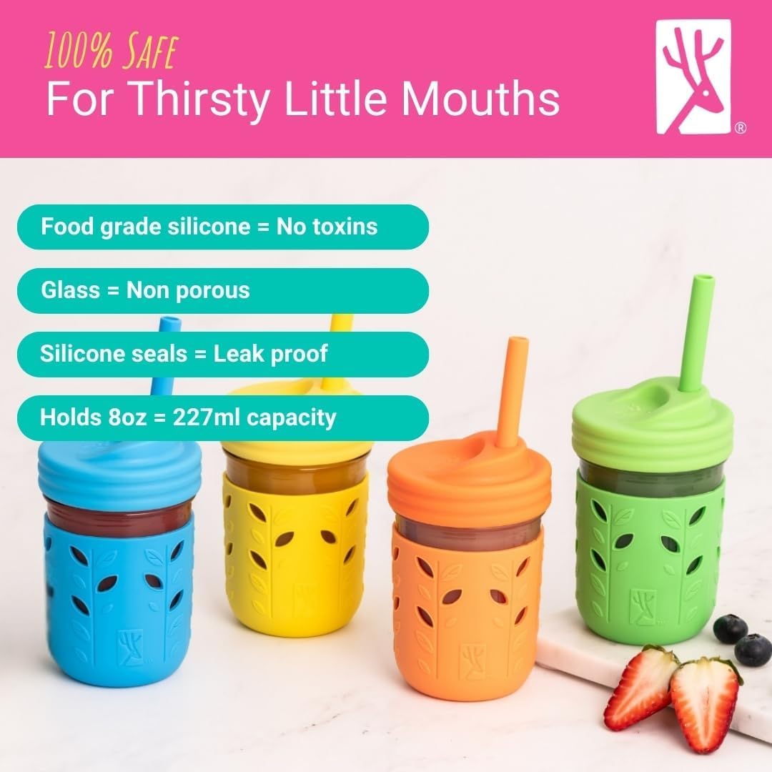 Elk and Friends Kids & Toddler Cups | The Original Glass Mason jars 8 oz with Silicone Sleeves & Silicone Straws with Stoppers | Smoothie Cups | Spill Proof Sippy Cups for Toddlers | 8 Pack