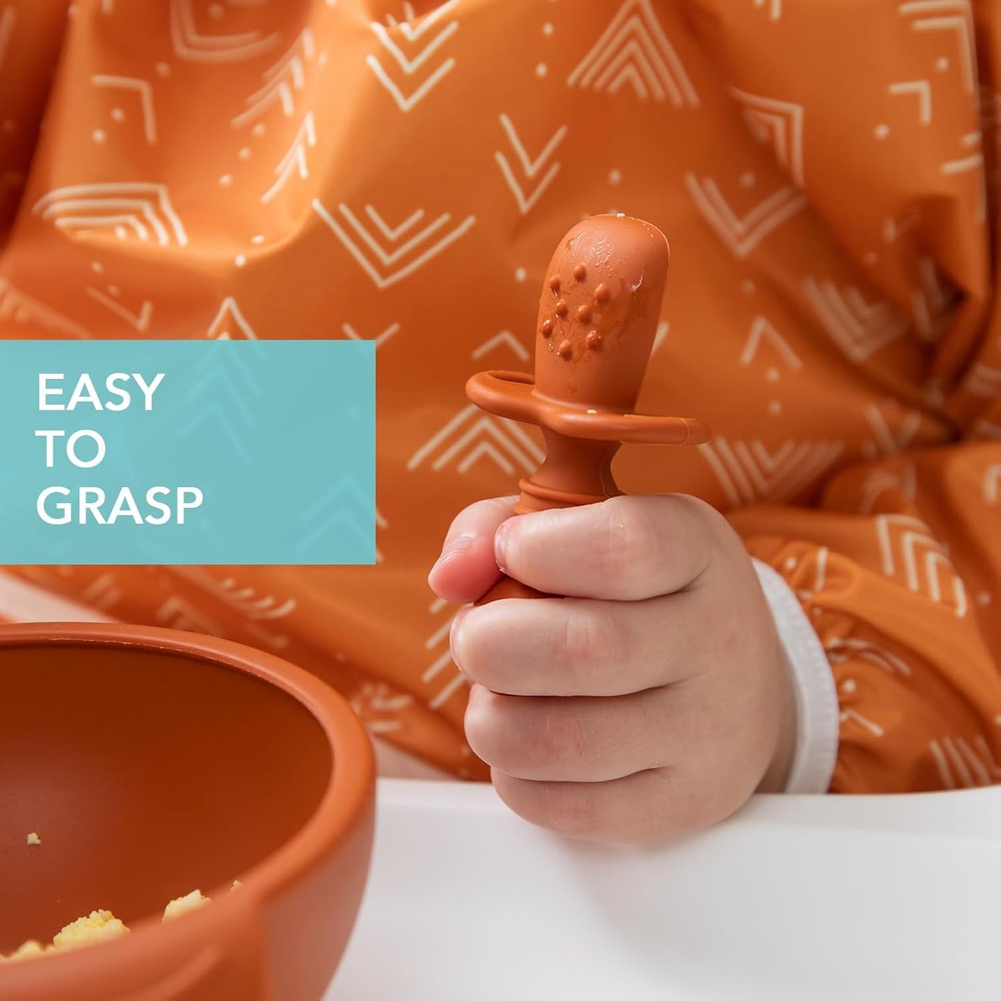 Bumkins Baby Utensils Set, Chewtensils Silicone Spoons for Dipping, Self-Feeding, Baby Led Weaning, Trainer Learning, First Stage Eating, Soft Practice Fork and Spoon, Babies 6 Months, Clay