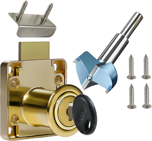 Cabinet Drawer Locks & Forstner Drill Bit (Drill Diameter 0.79"/20mm) Furniture Locker Locks Wardrobe Locks All Lock Keys are Independent Suitable for Door Panels 17-22 mm Thick.[Golden Yellow]