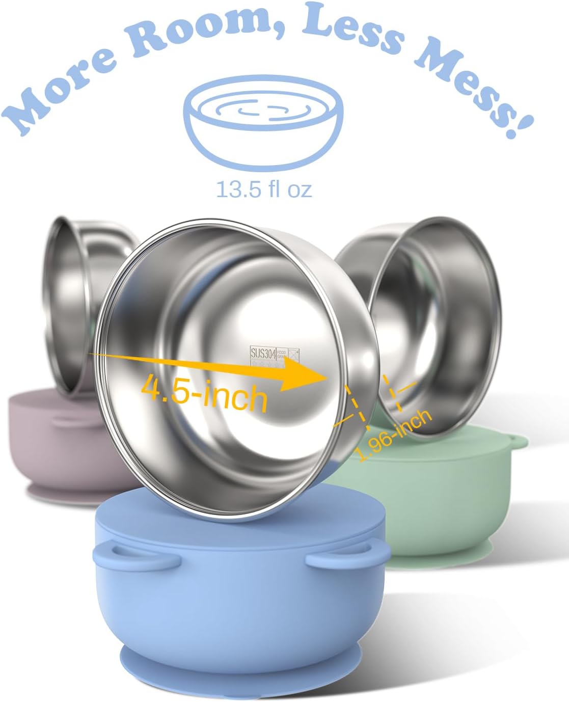 Baby Suction Bowls with Lids 4-Pack, 2-in-1 Stainless Steel 304 Toddler Bowl & Removable Silicone Suction Kids Bowl Plate Set Non Toxic Snack Dishes for Self-Feeding, Twilight Meadow