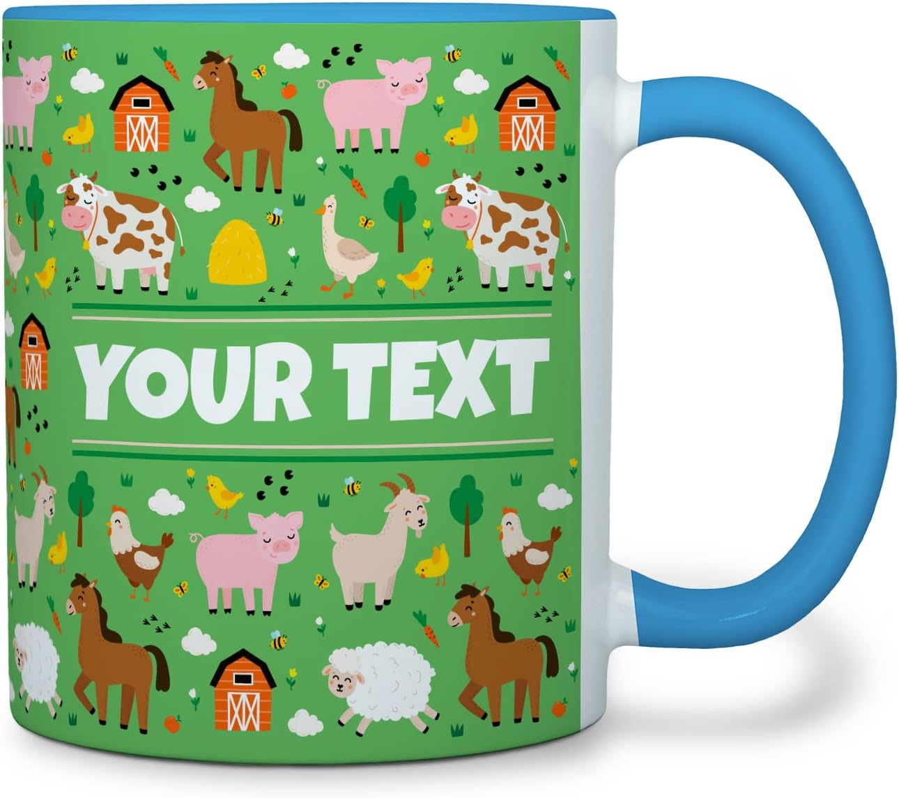Personalized Mug for Kids - Farm Animals - Custom Name/Text, Ceramic Hot Chocolate/Cocoa/Coffee Cup for Boys/Girls, Birthday/Christmas/Holiday Gift - 11 oz, Light Blue Handle