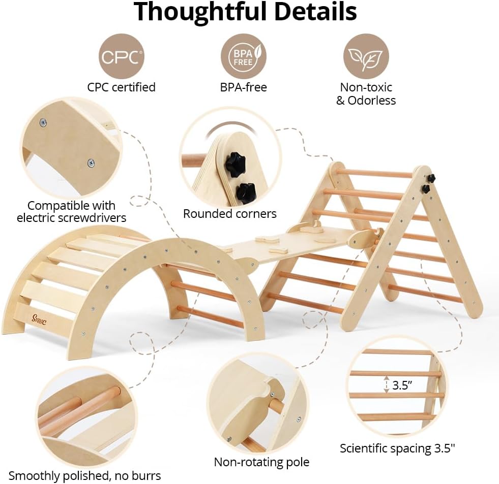 Pikler Triangle Set with Cushion, 8-in-1 Toddler Climbing Toys Indoor, Wooden Montessori Climbing Set with Arch Ramp,Ladder&Tent Cloth, Baby Indoor Climber Jungle Gyms for Toddlers Toy, Natural