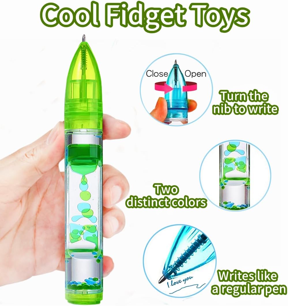 Liquid Motion Bubbler Pens Duple Wheel Colorful Timer Fidget Pens for Kids Sensory Toys Liquid Motion Bubbler Pen for Stress Relief and Anxiety Desk Toys Bubbler Timer Gifts for Kids 2 Pack Geen