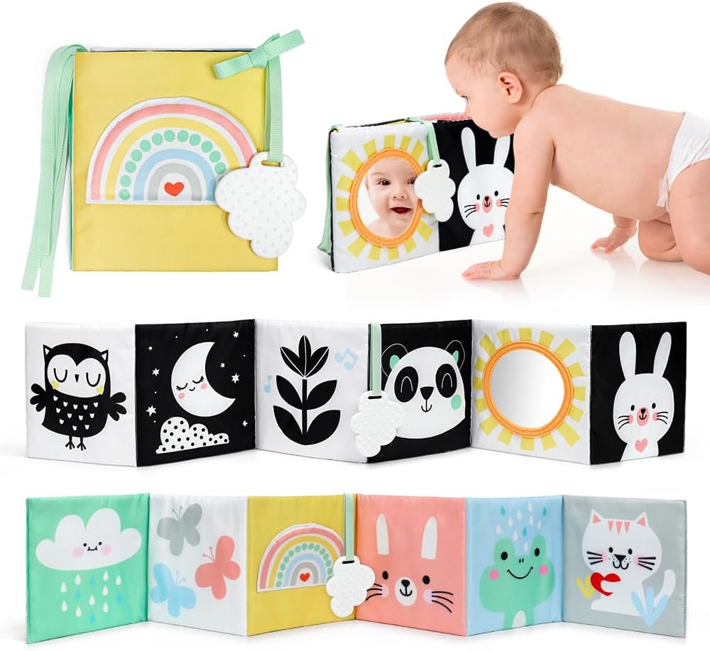 OKOOKO Black and White Baby Book, High Contrast Toy, 0-6 Months Baby Soft Book Tummy Time Montessori Sensory Toy for Stroller Early Education for 0-6 6-12 Months Newborn Infant