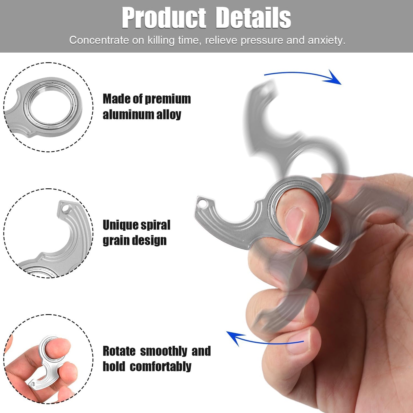 2pcs Key Chain Spinner Fidget Toy, Portable Finger Spinning Keychain with 2pcs Key Ring Funny Key Holder Toys for Adults Teens Finger Exercising (Silver)