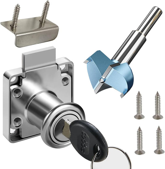 Cabinet Drawer Locks & Forstner Drill Bit (Drill Diameter 0.79"/20mm) Furniture Locker Locks Wardrobe Locks All Lock Keys are Independent Suitable for Door Panels 17-22 mm Thick. [Silver]