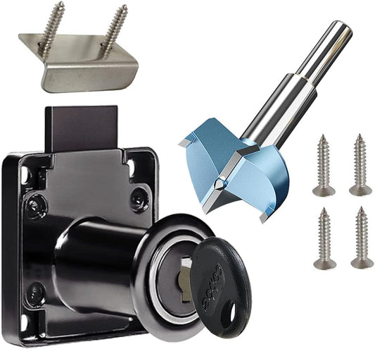 Cabinet Drawer Locks & Forstner Drill Bit (Drill Diameter 0.79"/20mm) Furniture Locker Locks Wardrobe Locks All Lock Keys are Independent Suitable for Door Panels 17-22 mm Thick. [Black]