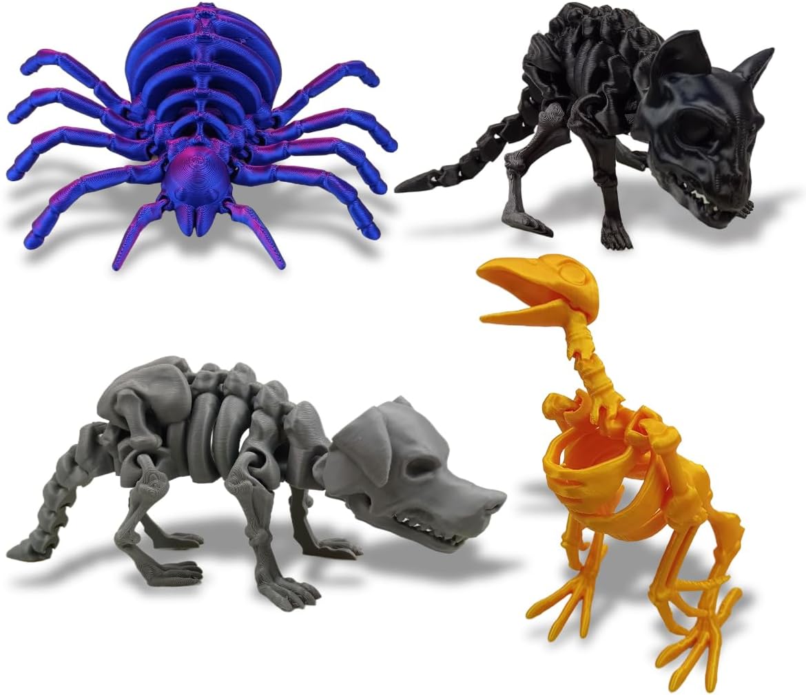 Anditoy 4 Pack 3D Printed Halloween Skeleton Cat Spider Crow Dog Articulated Skeleton Desk Toy for Halloween Indoor Decorations