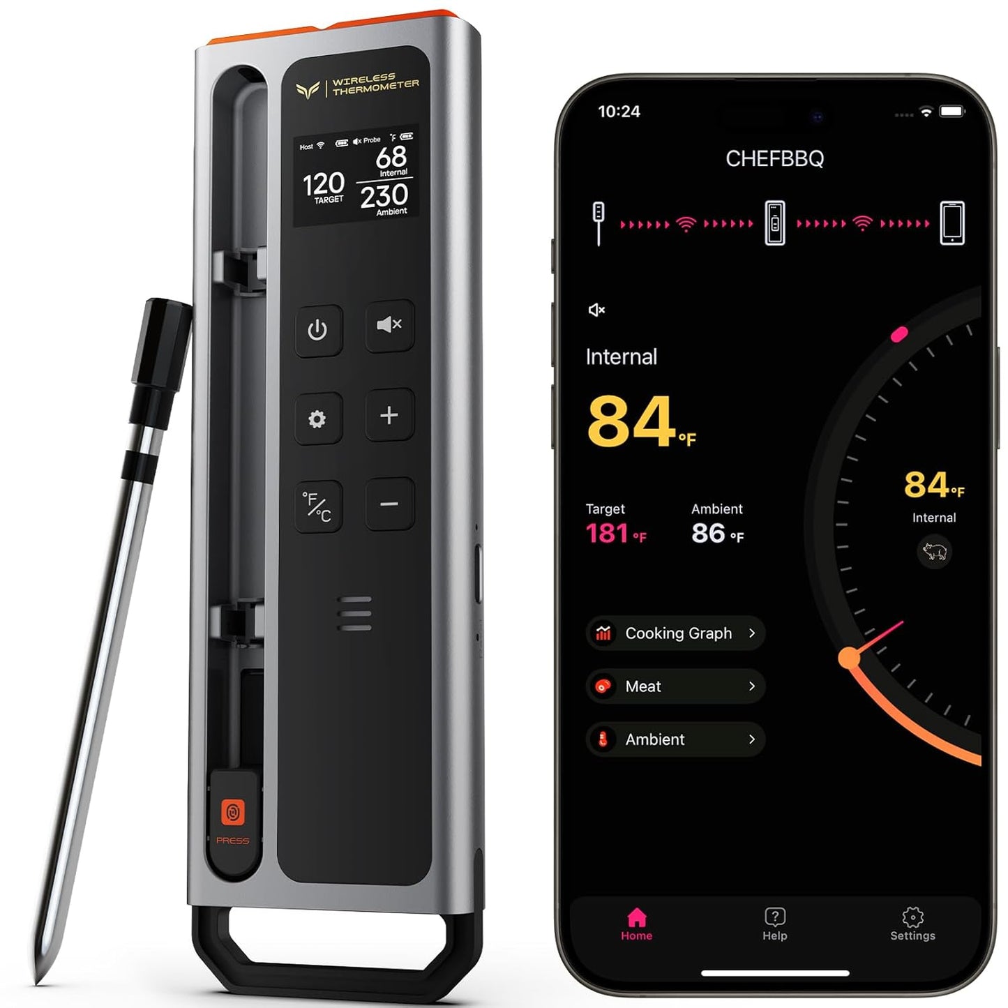 Meat Thermometer Digital Wireless, 800FT Long Range Bluetooth Cooking Thermometer, Food Thermometer for Remote Monitoring of Grill, Oven, Smoker, Air Fryer, Rotisserie, iOS & Android App