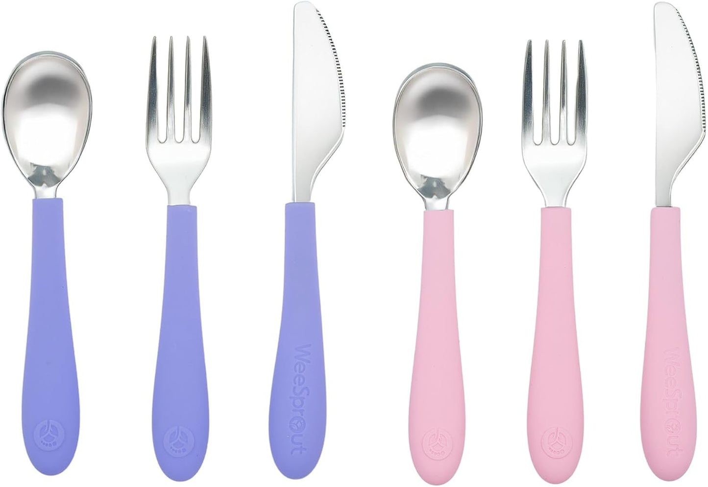 Kids Stainless Steel Utensils Set - Premium 18/8 Grade Silverware Kit - 2 Spoons, 2 Forks, and 2 Knives for Ages 4-7 - Silicone Easy-Grip Handles - Children Flatware Cutlery (Bright - Purple, Pink)