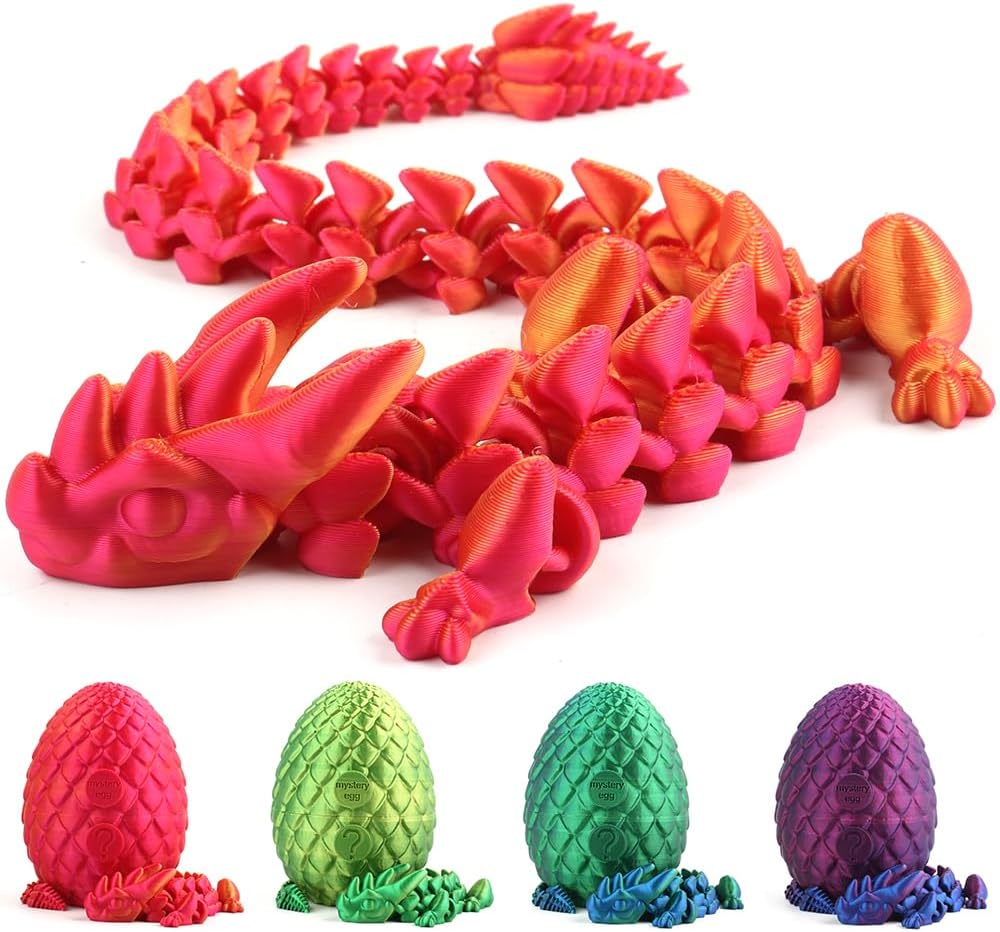 3D Printed Articulated Crystal Dragon with Egg, PLA Flexible Joints Crystal Dragon Mystery Dragon Fidget Toy Surprise, Home Office Executive Desk Decor Toys Gifts for Kids Adults (Red)