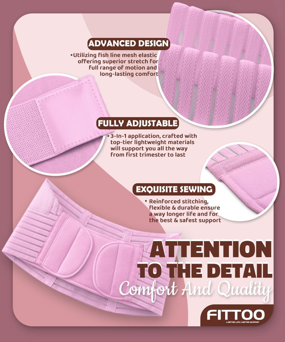 FITTOO Maternity Belt Back Support Belly Band Pregnancy Belt Support Brace Abdominal Binder Waist Support Pink XXL