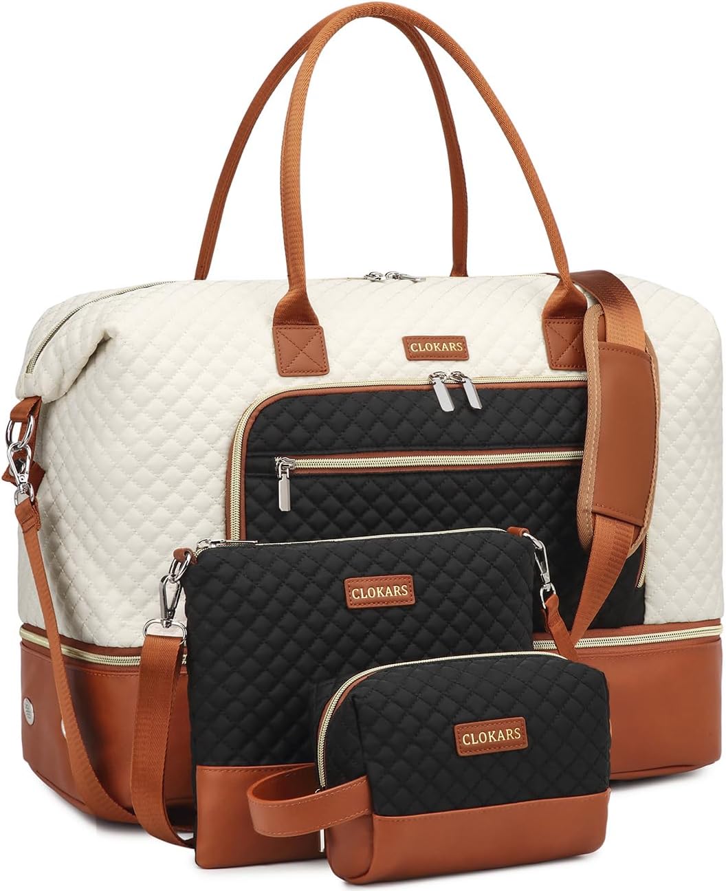 Weekender Bags for Women, Travel Duffle Bag Carry On Overnight Bag with Cosmetics Bag and Crossbody Purse for Gym Hospital, Gifts for Women, Beigeblack Brown