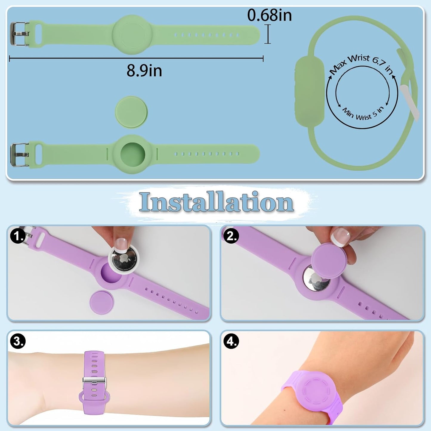 Waterproof Airtag Bracelet for Kids, Silicone Wristband Compatible with Apple Air Tag Hidden Holder Case, GPS Tracker Anti-Lost Adjustable Airtag Strap for Toddler Child (Green)