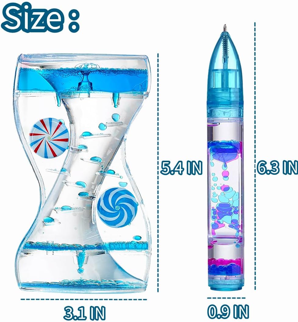 Liquid Motion Bubbler Pens Duple Wheel Colorful Timer Fidget Pens for Kids Sensory Toys Liquid Motion Bubbler Pen for Stress Relief and Anxiety Desk Toys Bubbler Timer Gifts for Kids 2 Pack Blue