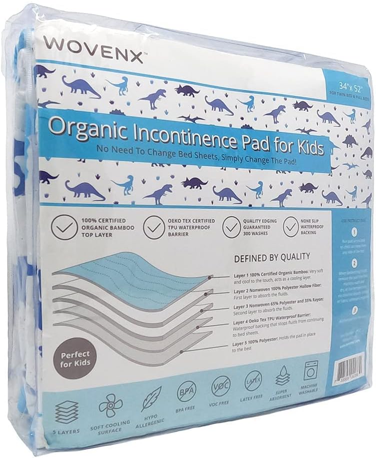 Organic Incontinence Pads for Kids & Toddlers - 5 Layer Waterproof Protectors for Overnight Bed Wetting - Reusable & Washable Pee Pads - Fits Twin to Full Size Beds - 34" x 52" Dinosaur