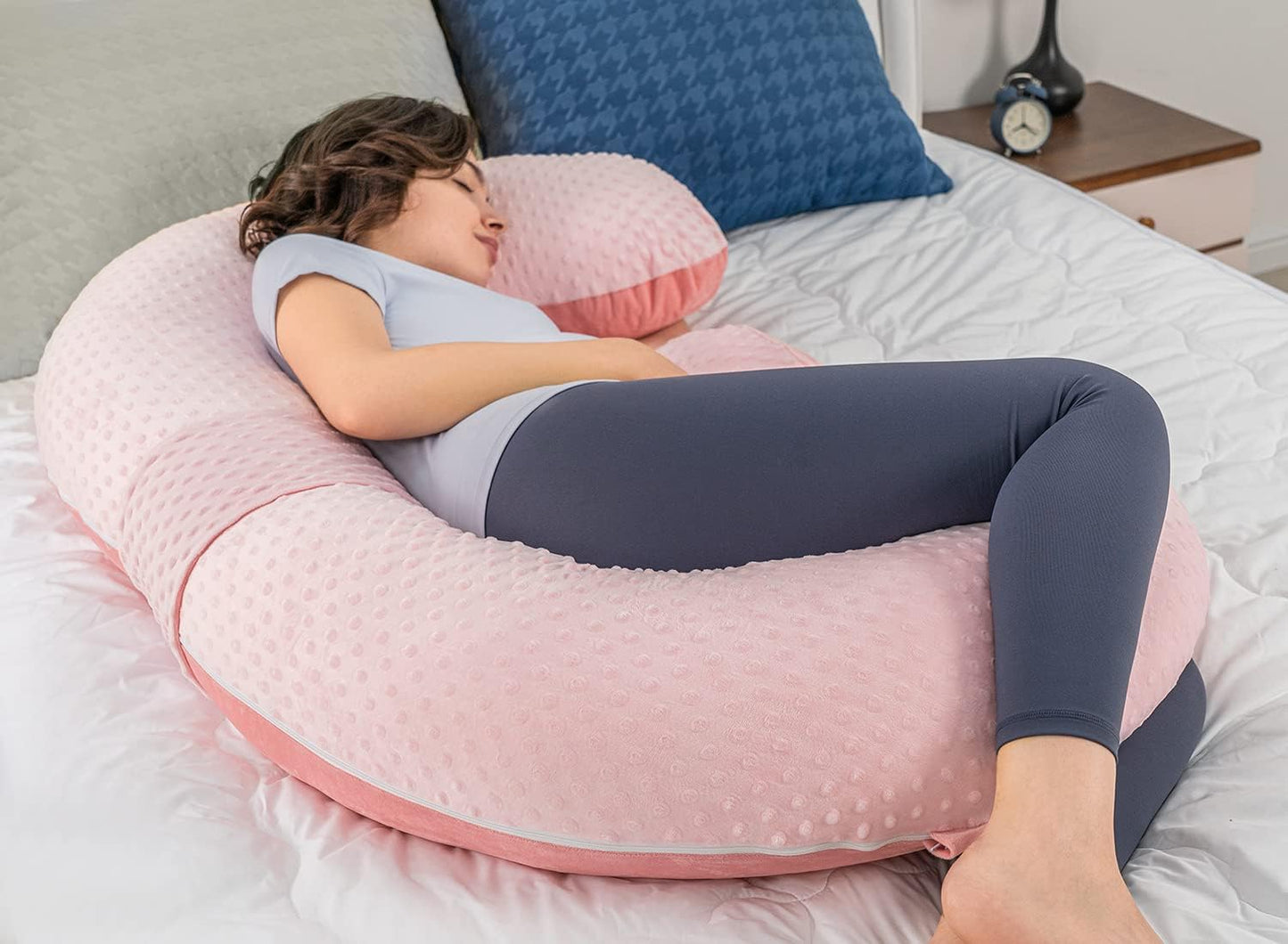 QUEEN ROSE Pregnancy Pillows - E Shaped Pregnancy Pillows for Sleeping, Detachable Body Pillow for Pregnant Side Sleeper, Pink Velvet, 60in