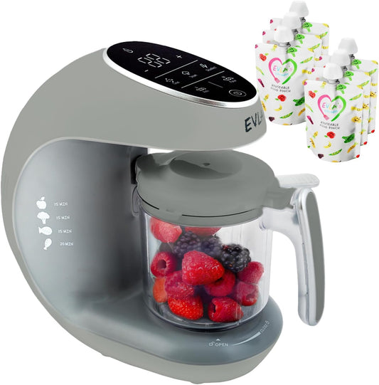 EVLA'S Baby Food Maker, Steamer, Blender, Baby Food Processor for Healthy Homemade Baby Food in Minutes, Touch Screen with 6 Reusable Food Pouches, Baby Registry Essential, Grey