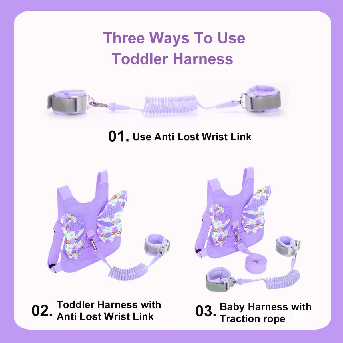 Anti Lost Toddler Harness - Butterfly Baby Leash and Wrist Link with Lock, Child walking Harness Assistant for Girls, Cute Traction Safety Leash for Kids, Holiday Travel Christmas Gift, Purple