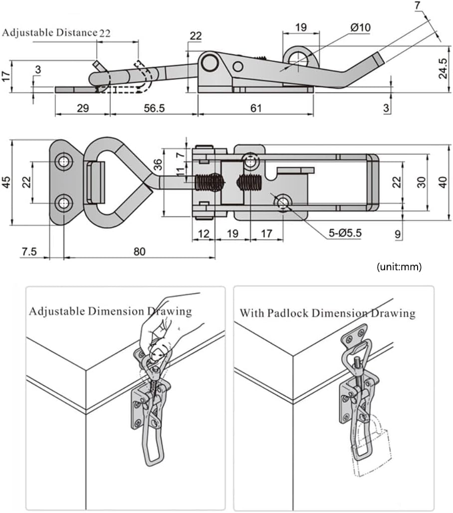 SYINE Adjustable Buckle Cabinet Boxes Lever Handle Toggle Catch Latch Lock with Screws,2 Pcs (3S,Range:126-148mm)