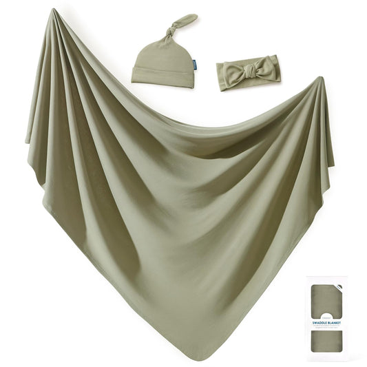 GRSSDER Newborn Swaddle Blanket, Ultra Soft Jersey Receiving Blanket with Matching Headband and Beanie Set, 47×47" Extra Large Nursery Swaddle Wrap for Girls and Boys