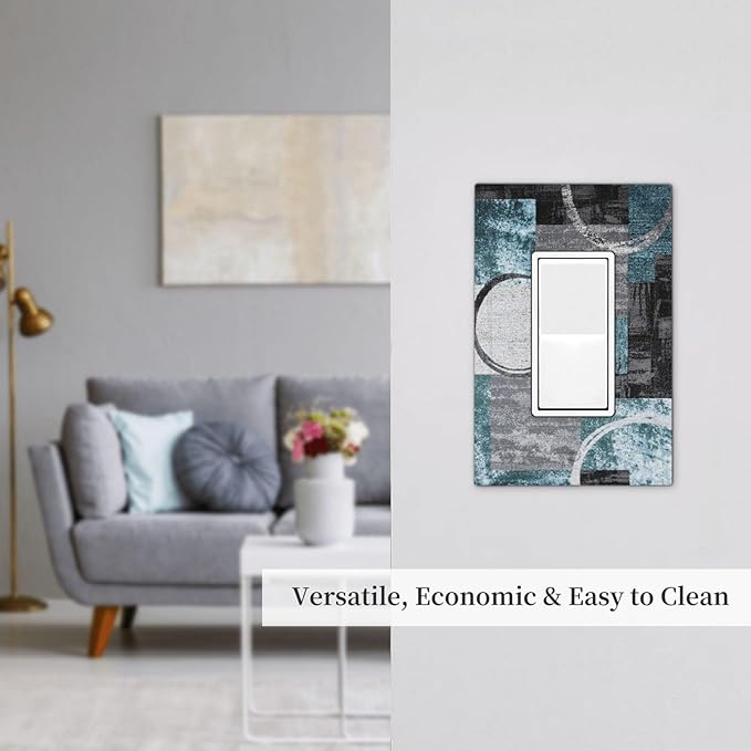 1 Gang Single GFCI/Decorator Rocker Outlet Light Switch Wall Plate Cover Contemporary Modern Abstract Grey Navy Blue Turquoise Teal Circles Geometric Decorative One Device Electrical Faceplate Dimmer