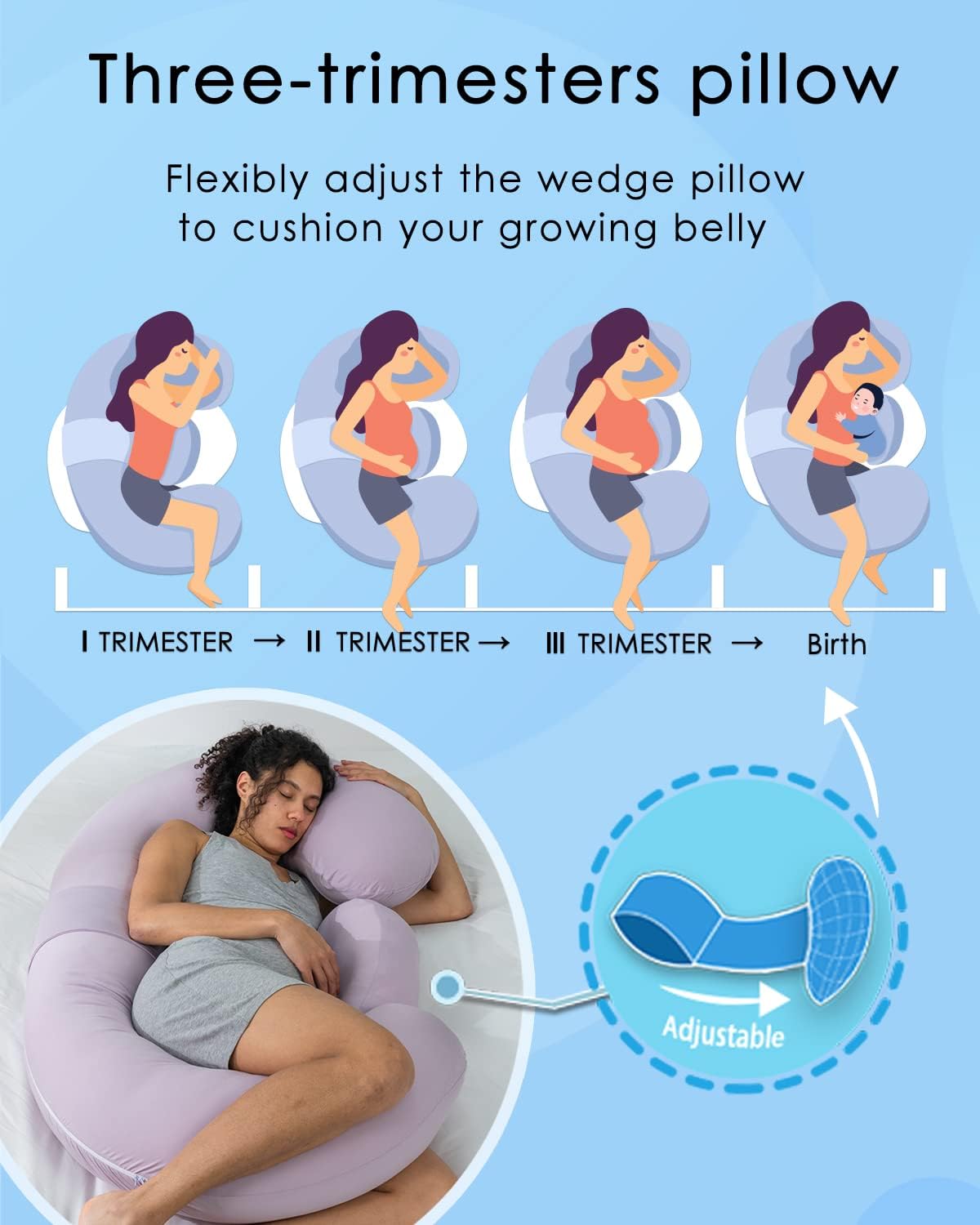 QUEEN ROSE Cooling Pregnancy Pillows,E Shaped Full Body Pillow for Sleeping, with Pregnancy Wedge Pillow for Belly Support, 60 Inch Maternity Pillow for Side Sleeper, Cooling Rayon Cover, Purple
